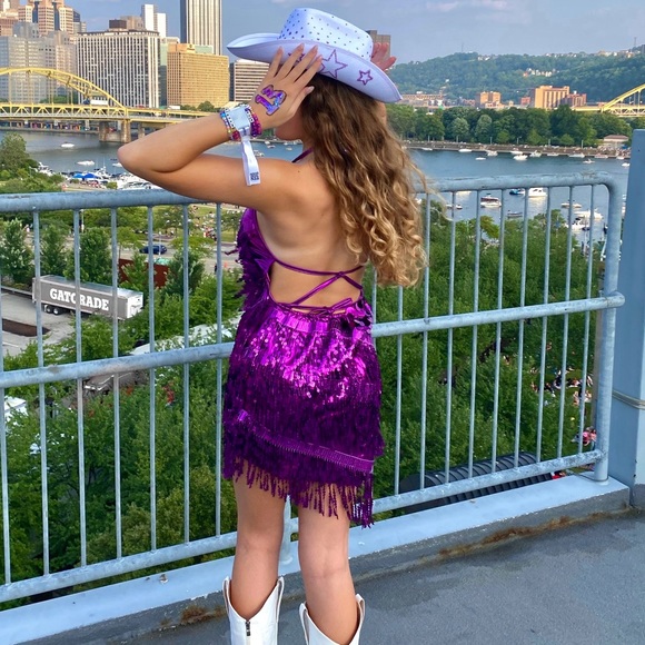 Purple sparkle fringe dress, sequins and tie back! Perfect for the Eras Tour! - Picture 3 of 5